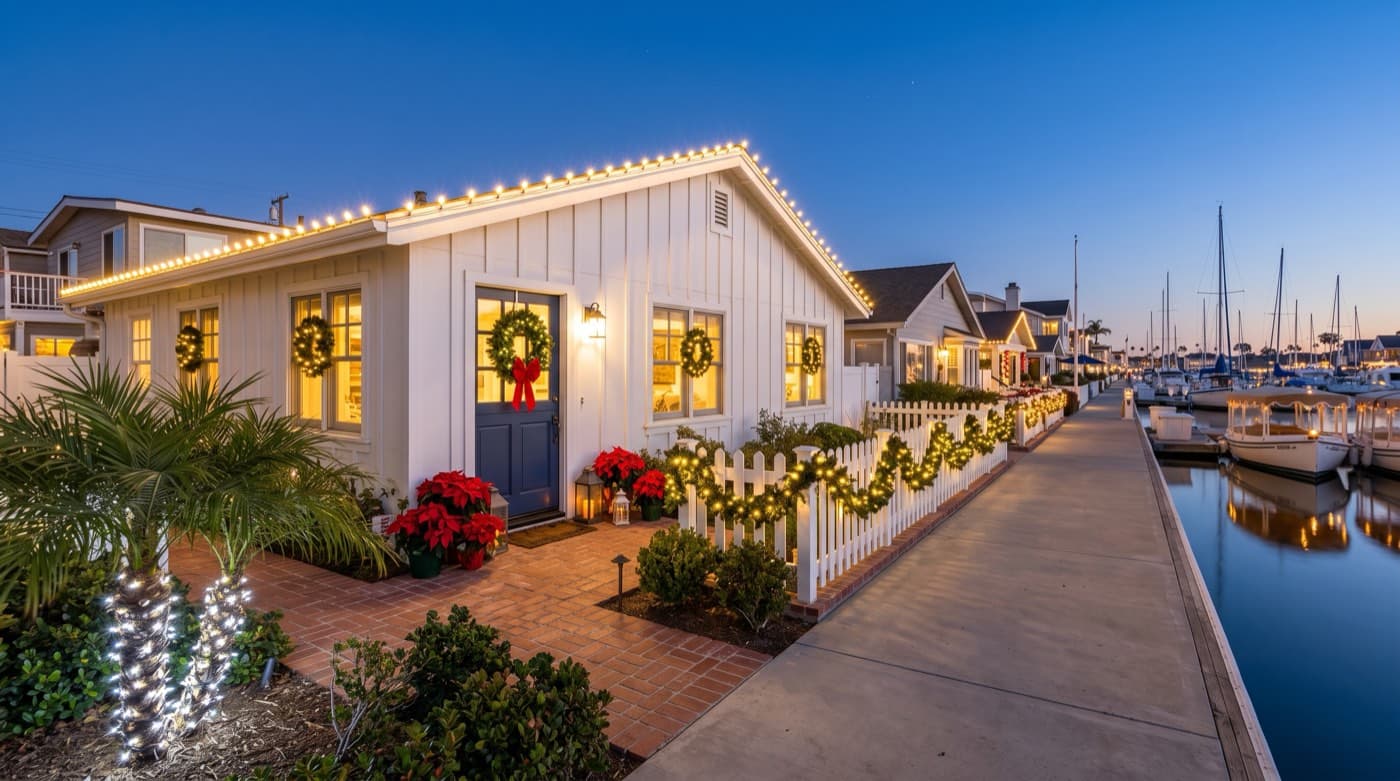 White Cape Cod style cottage on the harbor with roofline lights, wreaths, and garland at dusk