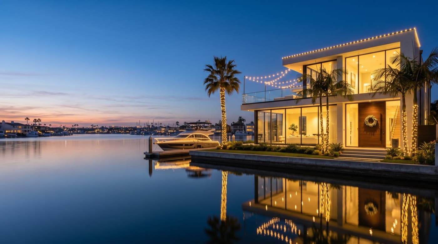 Modern glass waterfront home with warm rooftop string lights reflecting on the bay at sunset