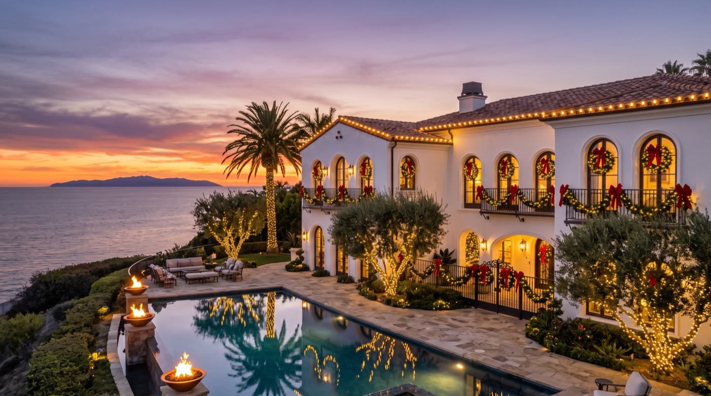 Oceanview Newport Coast estate with roofline holiday lighting, lit wreaths, and poolside fire bowls at sunset