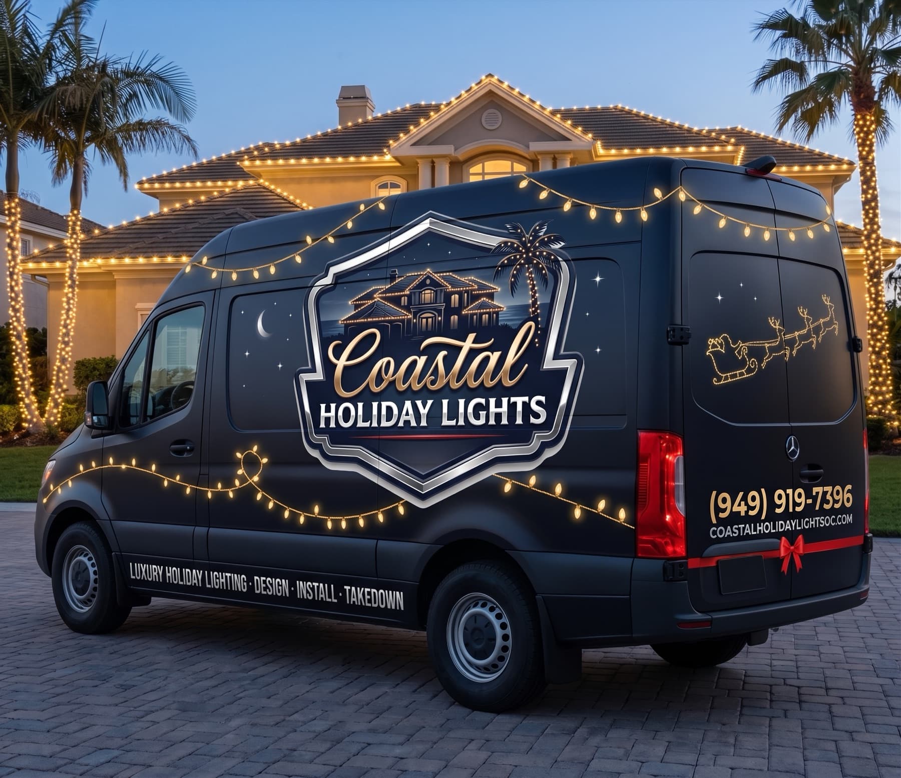 Rear view of the Coastal Holiday Lights branded van strung with warm lights in a lit driveway at dusk